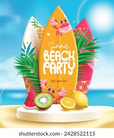 Summer beach party text vector poster design. Summer beach party invitation with surfboard and tropical fruits elements for seasonal holiday event flyers concept. Vector illustration summer party 