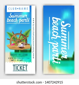 Summer beach party, ticket for a party with beautiful scenery, steering wheel of the ship in the sand, palm leaves and pearl