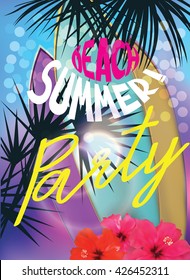 summer beach party tropical background with silhouettes of palm trees, beautiful flowers and surfboards