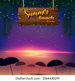 Summer beach party. Tropical palm trees with a wooden sign and many umbrellas at the beach