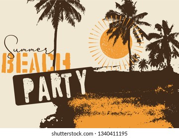 Summer Beach Party typographic grunge vintage poster design. Retro vector illustration.