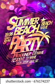 Summer beach party typographical poster design with multicolored  bokeh lights backdrop