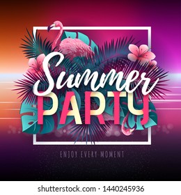 Summer beach party typography poster with flamingo and tropic leaves