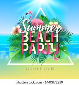Summer beach party typography poster with flamingo and tropic leaves