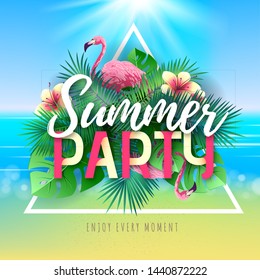 Summer beach party typography poster with flamingo and tropic leaves