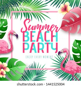 Summer beach party typography poster with flamingo and tropic leaves