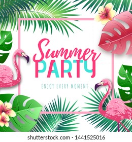 Summer beach party typography poster with flamingo and tropic leaves
