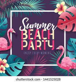 Summer beach party typography poster with flamingo and tropic leaves