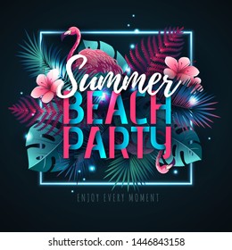 Summer beach party typography poster with flamingo and fluorescent tropic leaves. Nature concept