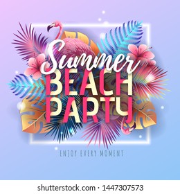 Summer beach party typography poster with flamingo and fluorescent tropic leaves. Nature concept