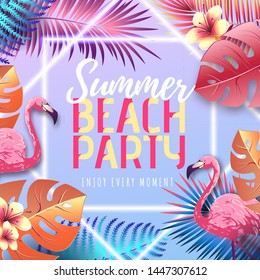 Summer beach party typography poster with flamingo and fluorescent tropic leaves. Nature concept