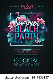 Summer beach party typography poster with flamingo and fluorescent tropic leaves. Nature concept