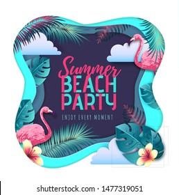 Summer beach party typography poster with flamingo and tropic leaves. Nature concept. Cut out paper art style design