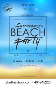 Summer beach party typography template for placard, flyer, voucher, invitation,presentation, brochure with place for text. Black text on blurred beach background. Hand drawn lettering "Summer Party".