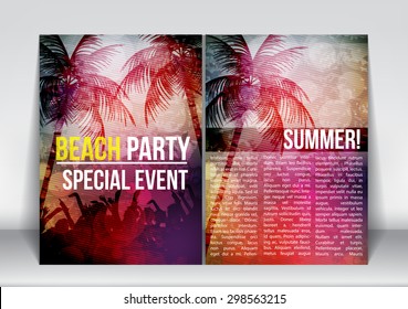 Summer Beach Party Vacation Flyer Design with Palm Trees  - Vector Illustration
