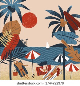 Summer beach party vacation illustration. People relaxing on the beach