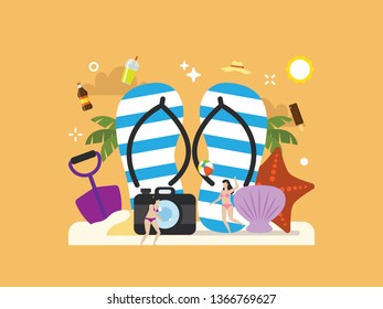 Summer, beach party, vacation with tiny people illustration. Suitable for travel website, hero image, header, and world travel infographic.