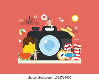 Summer, beach party, vacation with tiny people illustration. Suitable for travel website, hero image, header, and world travel infographic.