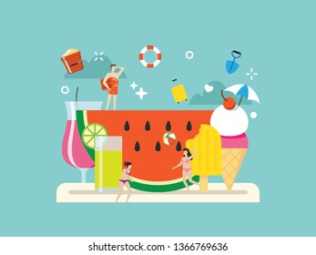 Summer, beach party, vacation with tiny people illustration. Suitable for travel website, hero image, header, and world travel infographic.