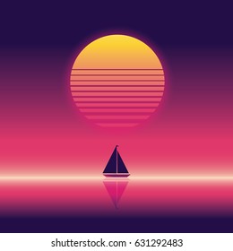 Summer beach party vector banner or flyer template. 80s retro neon glow style. Yacht sailing on horizon. Eps10 vector illustration.