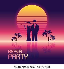 Summer beach party vector banner or flyer template. 80s retro neon glow style. Elegant, stylish man in suit, woman in dress. Eps10 vector illustration.