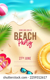 Summer beach party vector design. Beach party text invitation card for summer holiday season event. Vector illustration summer party invitation card.