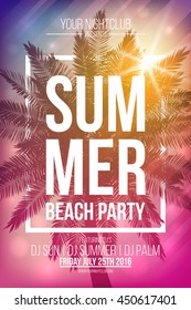 Summer beach party vector flyer template with palm and frame. Vector background for banner, poster, flyer, card, postcard, cover, brochure.