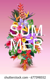 Summer beach party vector flyer template with tropical flowers, palm and frame. Vector background for banner, poster, flyer, card, postcard, cover, brochure.