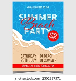 Summer beach party vector illustration design with sea waves and sandy beach on background. Promo poster, banner, invitation flyer for exotic and tropical entertainment event during vacation.