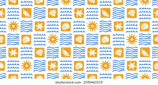 Summer beach patchwork seamless pattern with shells, waves and sun. Vector checkered background. Fabric textile print. Surface cover design.