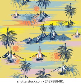 summer beach pattern, Colorful Summer Tropical island hand drawing style design for fashion Pattern 