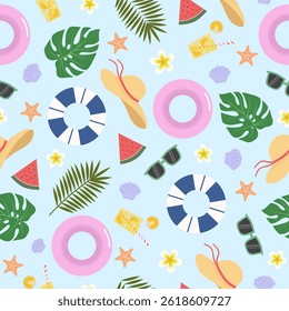 Summer beach pattern with floats, monstera, palm leaves, sunglass, watermelon, flowers, starfish, hat on blue background. Summer seamless pattern for background, wallpaper, wrapping and textile.