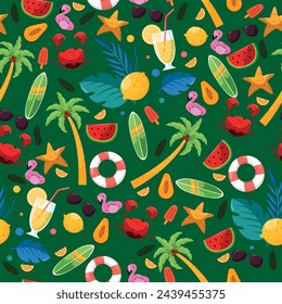 Summer and beach pattern of glasses, surfing, crabs, fruits, lemonades. Seamless beach vector pattern.