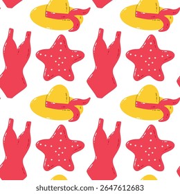 Summer Beach Pattern With Hats, Swimsuits, and Starfish in Bright Colors. Vibrant seamless pattern featuring yellow hats, red swimsuits, and starfish on a white background. Perfect for summer-themed 