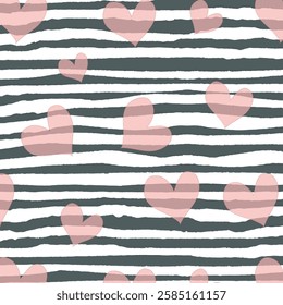 Summer beach pattern with hearts in a strip. Vector seamless background