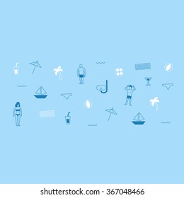 Summer beach pattern, holiday background, vacation backdrop, man and woman small symbol, mottled collage, recreation at sea icons, decorative elements, flat design vector illustration