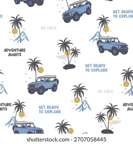 summer beach pattern .Holiday, car tropical tree and car along with typography get ready to explore, adventure awaits summer print, background on white pattern seamless pattern tree and sun car.