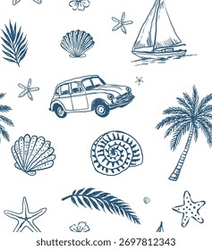 A summer  beach pattern .Holiday, summer, coconut tree, sheel, car vector illustration pattern t-shirt print.