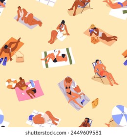 Summer beach pattern. People in bikini sunbathing, relaxing on vacation, holiday. Seamless endless background, repeating print for fabric, textile, wrapping design. Flat graphic vector illustration