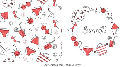 
 Summer beach pattern, round frame set. Banner, hand lettering. Cartoon attributes of seaside holidays, vacations, travel, linear icons. Illustration, isolated background. Place for text.