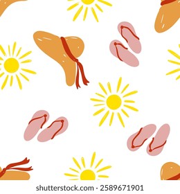 Summer beach pattern with sun hats and flip flops vector illustration