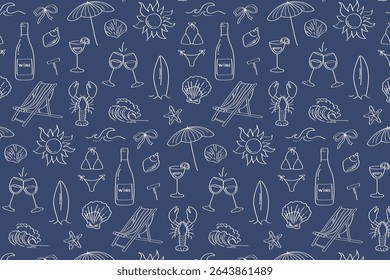 Summer beach pattern with wine, bikini, sun, deck chair and waves seamless marine vacation design in white line style on navy blue.