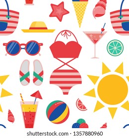 Summer beach pattern for wrapping paper and print on textile or fabric. wrapping paper and print on textile or fabric. Sea vacation seamless background with bathing suit, bag, flip-flops and shells.