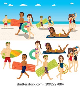 Summer beach people collection with sea background composition and isolated characters