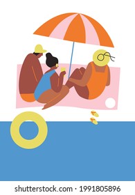 Summer beach people fun resting, swimming and having sunbed. Vector illustration. Peoples sunbathes on the beach on sand. Sea landscape summer beach. Flat cartoon illustration. Clip art.