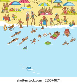 Summer beach. People relax, sunbathe, swim. Waves lapping on the sand. Vector illustration