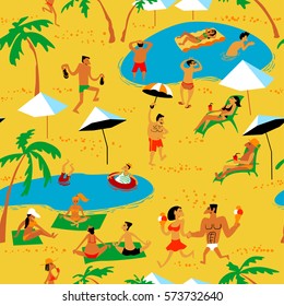 Summer beach people seamless pattern. Tropical background with beach activity cute characters in simply doodle style. Sea sand sun idyllic landscape. Vector illustration