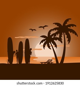summer beach with people and surfboard in sunset background illustration vector.