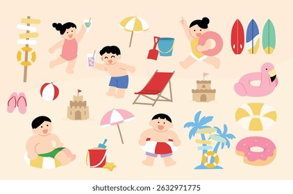 Summer beach people water play equipment illustration