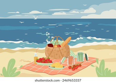 Summer beach picnic banner with straw basket full of delicious. Vector horizontal panoramic view with hamper for food and blanket on background of the sea. Seashore family party invitation.